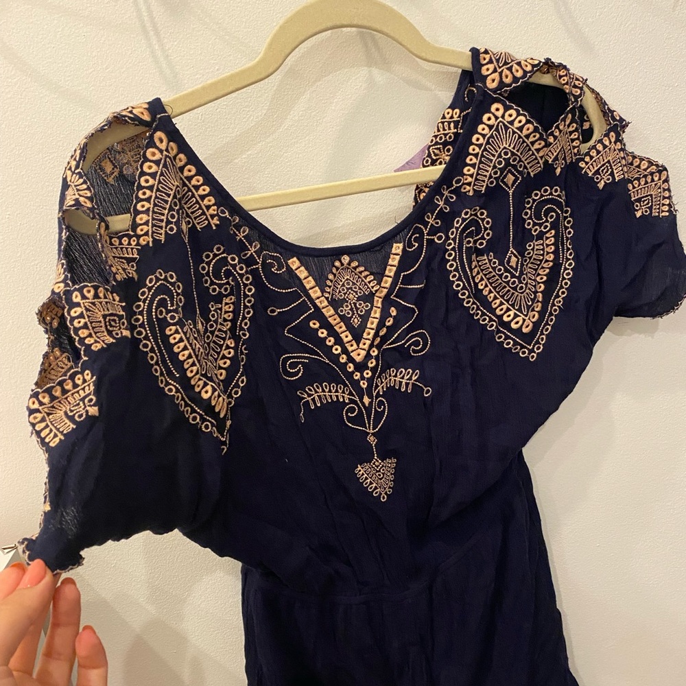 Gold embroidered navy romper boho causal summer